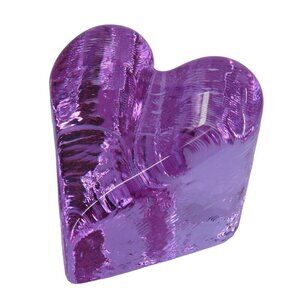 Fire & Light Purple Clear Glass Heart Shape Paperweight Signed Home Office Decor